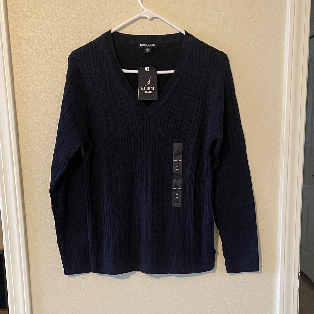 New Nautica Women’s Sz Medium Cotton Navy Blue V-Neck Lightweight Sweater
